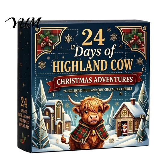 Christmas Advent Calendar 24 Days of 3D Highland Cow Calendar, Cute Farm Day Countdown Box Cattle with Mini Figurines Collectibles for Holiday