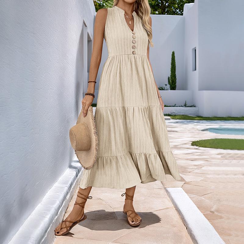 European & American Minimalist V-Neck Button Midi Dress - Sleeveless, Solid Color, Summer 2025 Collection
