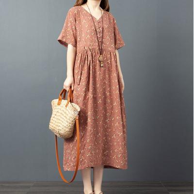 2025 Summer New Loose Large Size Women's Clothing Medium and Long Waist Thin Cotton and Linen Floral Dress, Women