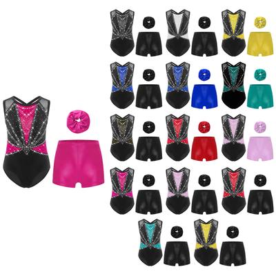 3Pcs Girls Dance Gymnastics Set Sleeveless Leotard with Crisscross Back Rhinestones Color Block Shorts Hairband