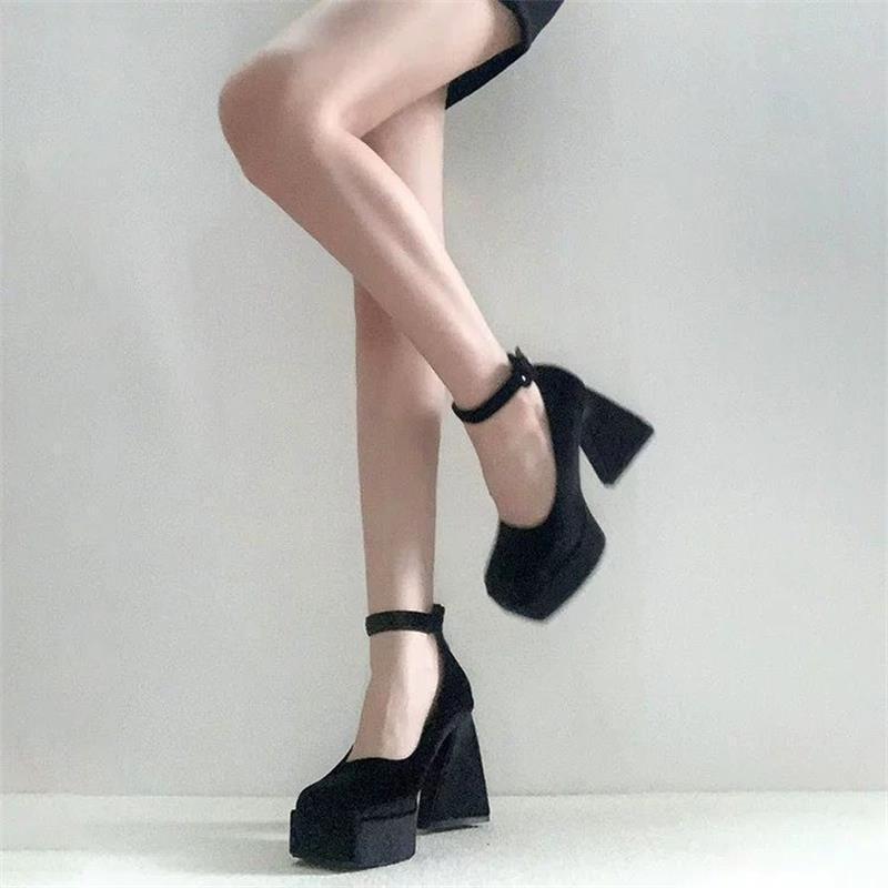 Spring 2024 Thick Heel Light Mouth Korean Version Mary Jane Shoes Black Square Head High Heels Solid Color Buckle Suede Women's Shoes