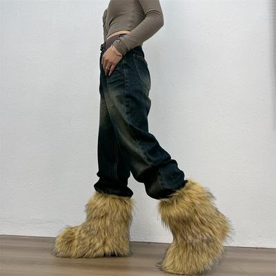 Y2k Pelz Schneestiefel für Damen Winter Warm Plüschstiefel Outdoor Plateau Einfarbig Mid-Calf Stiefel Fellige Niedliche Mädchenschuhe