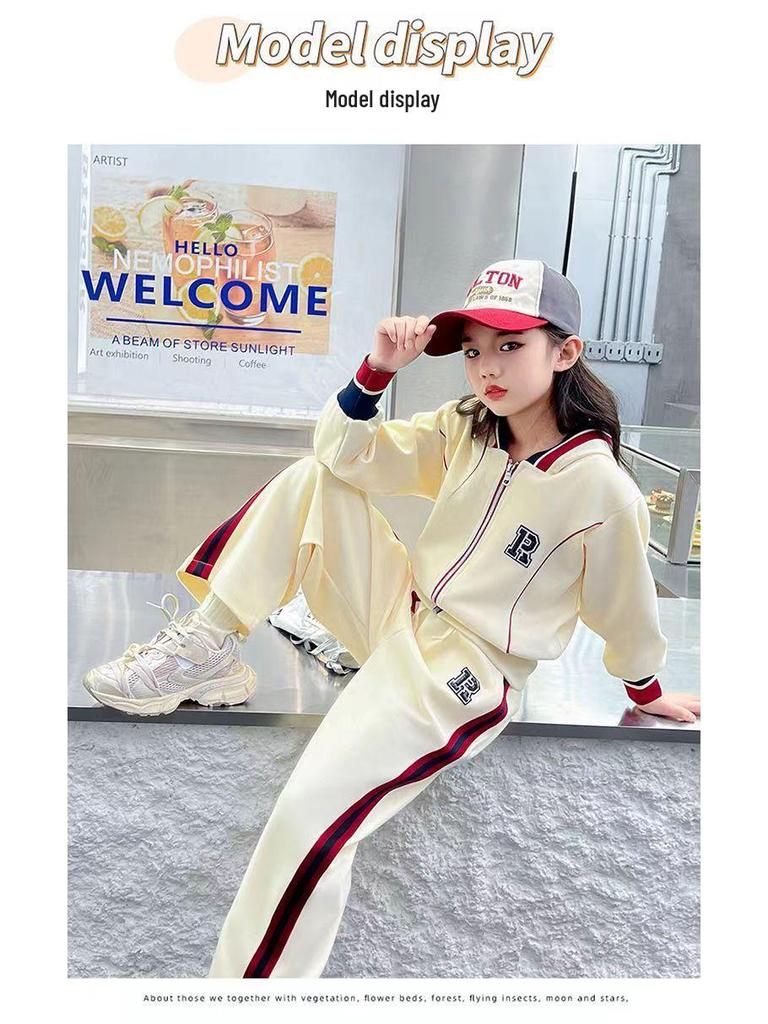 Korean-Style Girls' Spring Set: 2025 Trendy Hooded Sweatshirt & Sporty Two-Piece