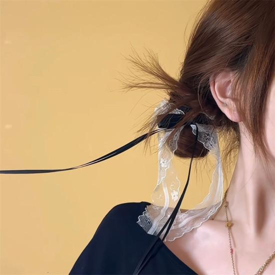 2Pcs Hairpin Embroidery Lace Pattern Ribbon Bow Hair Clip Color Matching Non-Damaging Rounded Hair Pin Hairstyle Accessory