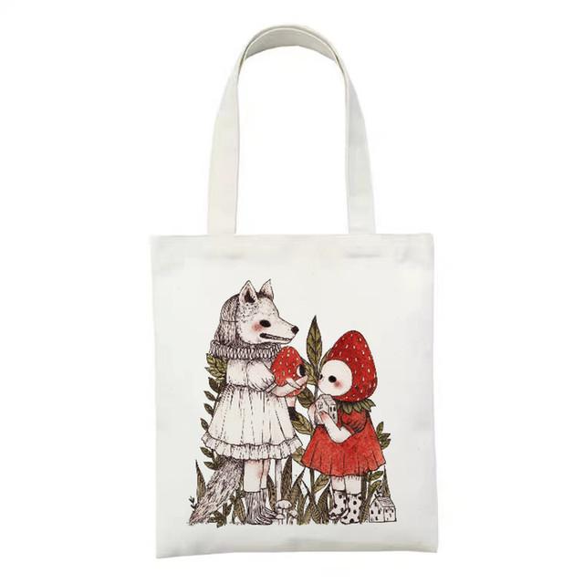 White Ladies Canvas Shopping Bag Eco Female Shoulder Bag Cartoon Graphics Large Handbag Foldable Tote Bag for Women Shopping Bag