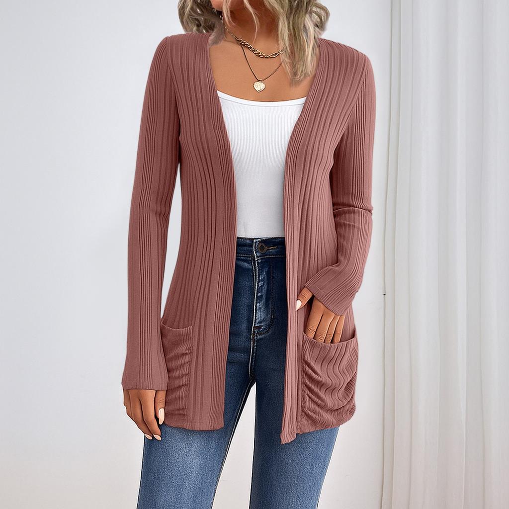 Women's Long Sleeved Solid Color Medium Length Knitted Cardigan Pocket Jacket Sweater Knitted Sweater