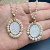 A Vintage Oval Medallion Cross Necklace for Women Metal Shell Pearl Pendant Neckpiece Fashion Jewelry Gift