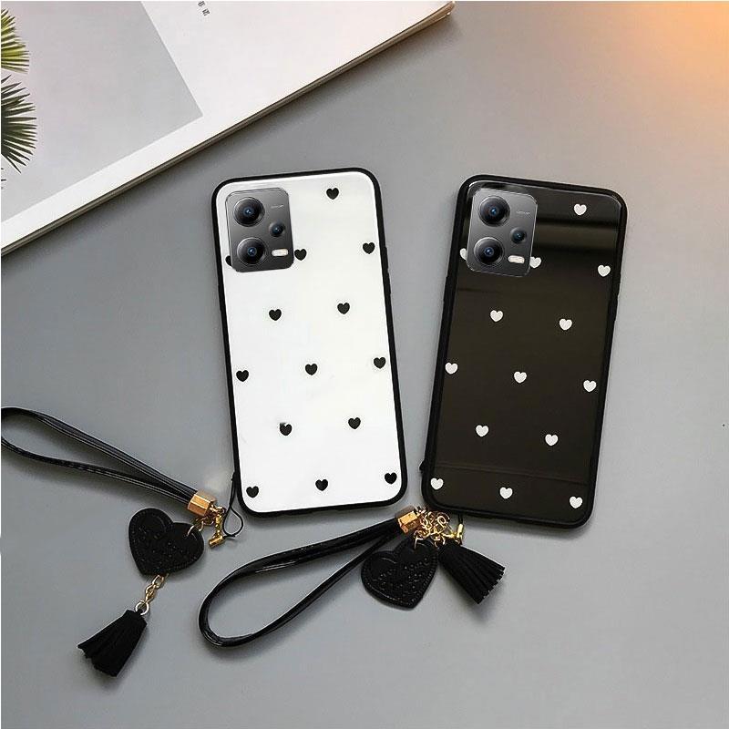 Miłość malowanie serca etui na telefon ze szkła hartowanego dla POCO X5 Pro F5 M4 M5 smycz z frędzlami pokrywa dla Redmi Note 12 4G 5G 12C 12Pro Plus
