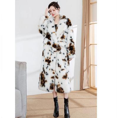 Women's Leopard Print Imitation Fur Jacket Fox Hair Long Coat Loose Fashion Printed Fluff Belt Trench Coat