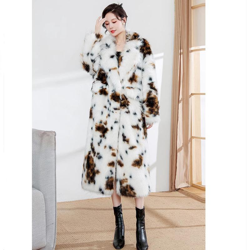 Women's leopard print imitation fur jacket fox hair long coat loose fashion printed fluff belt trench coat