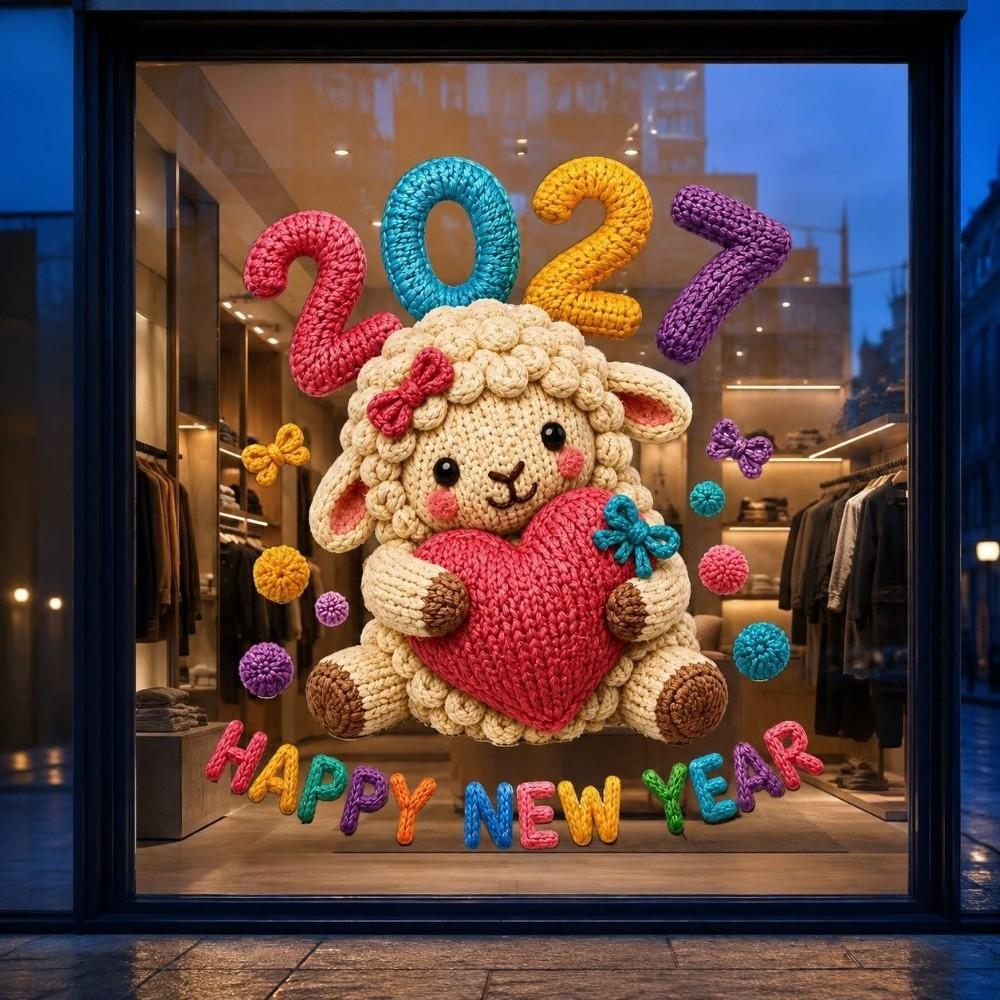 Colorful Happy New Year Window Stickers Large Size 2D Flat Print 2027 Sheep Year Stickers Waterproof Funny