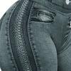 Decorative Pockets Skinny Imitation Jeans Leggings Hip Lifting Zipper Print High Waist Elastic Pants for Sports