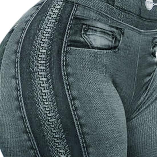 Decorative Pockets Skinny Imitation Jeans Leggings Hip Lifting Zipper Print High Waist Elastic Pants for Sports