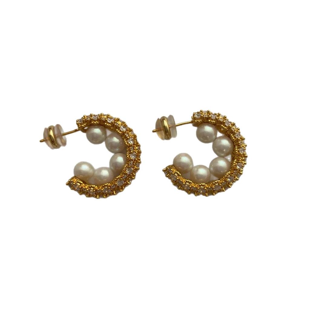 Classic Pearl Full Diamond C-Shaped Stud Earrings, Elegant Diamond-Set Temperament, Advanced Light Luxury, Niche Retro Versatile C Earrings