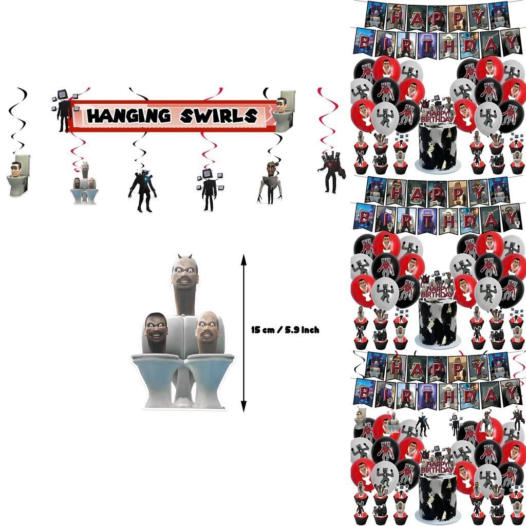 Skibidi Toilet Theme Birthday Party Decoration Kit Monster Birthday Cake Topper Paper Flag Balloons And More!