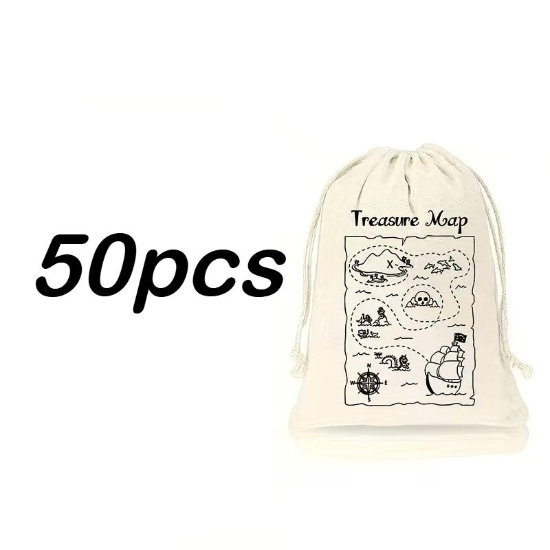 50pcs Pirate Treasure Map Gift Bags with Drawstring Closure Chest Pouches for Pirate Parties Treasure Hunt Games Nautical Decor