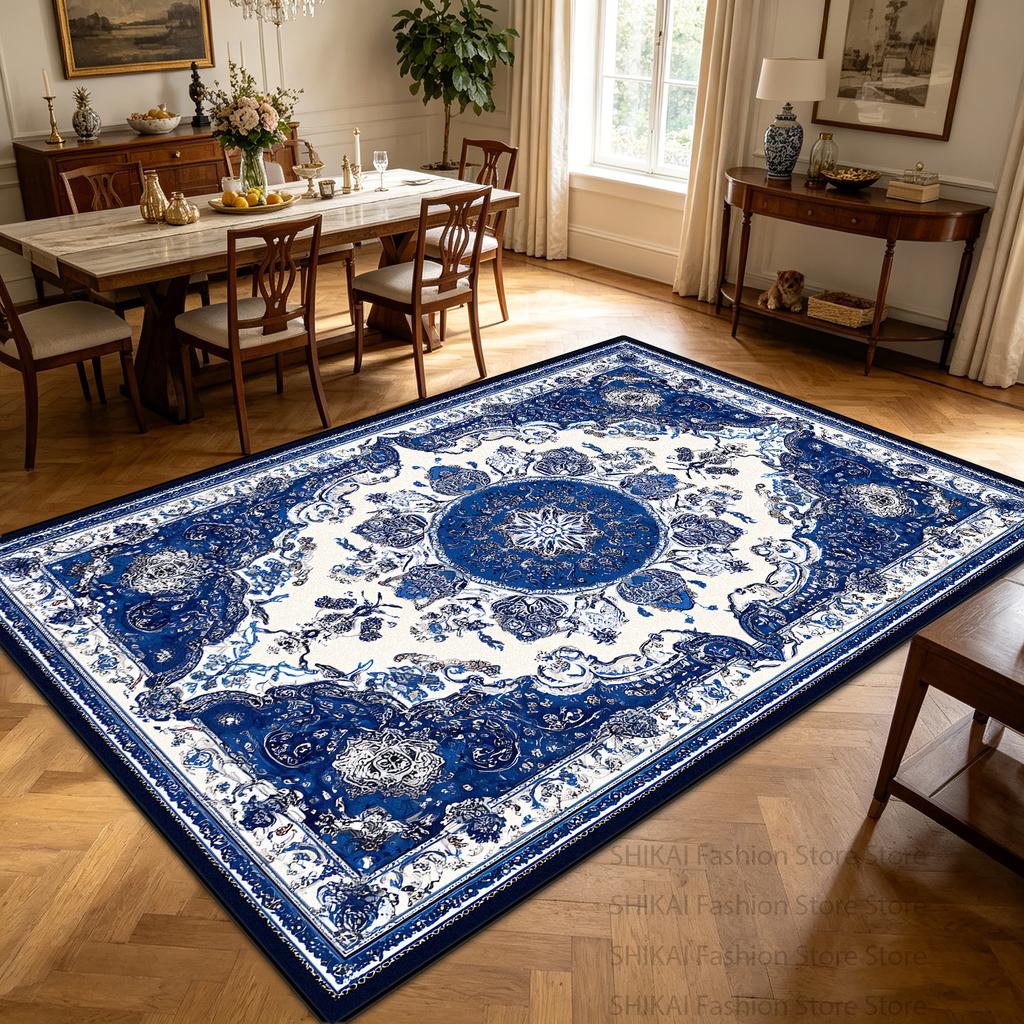 Retro Blue White Persian Living Room Carpet Antiskid Washable Decoration Home Decoration Home Rug Soft Plush Entrance Door Mat