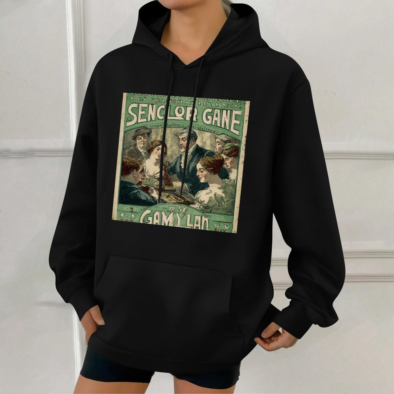 

Women s Fashion Retro Printed Casual Hooded Sweatshirt With Pockets L чорний