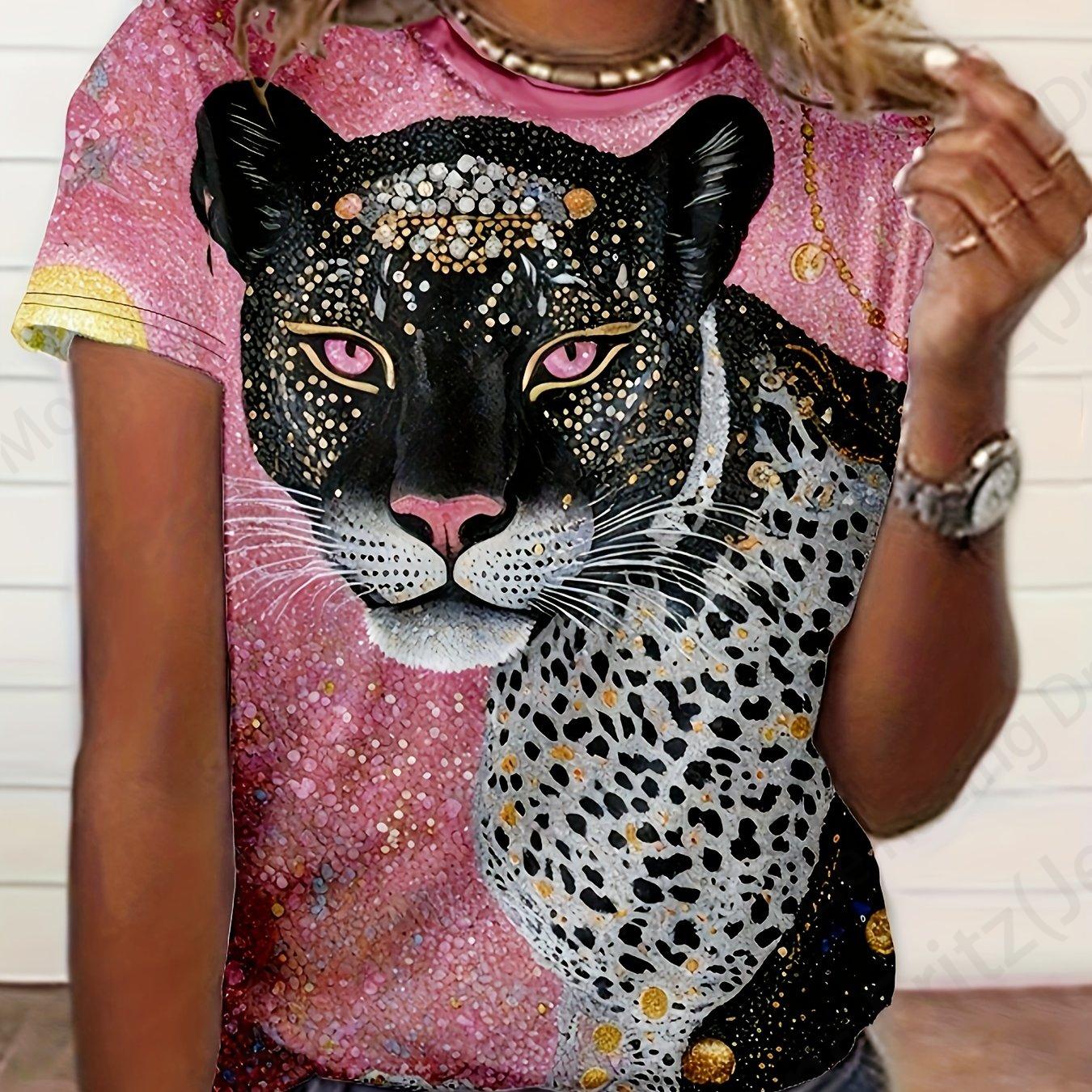 

Женская футболка с 3d леопардовым принтом, футболка с круглым вырезом, женская модная футболка, футболки с животными, топы в стиле Харадзюку, футболки, женская одежда L