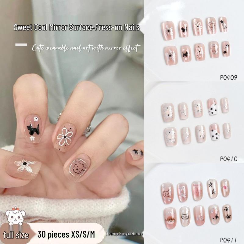 30-Piece Cute Cat Eye Mirror Nail Tips with Bow & Rabbit Cartoon Design - Versatile & Wearable Daily