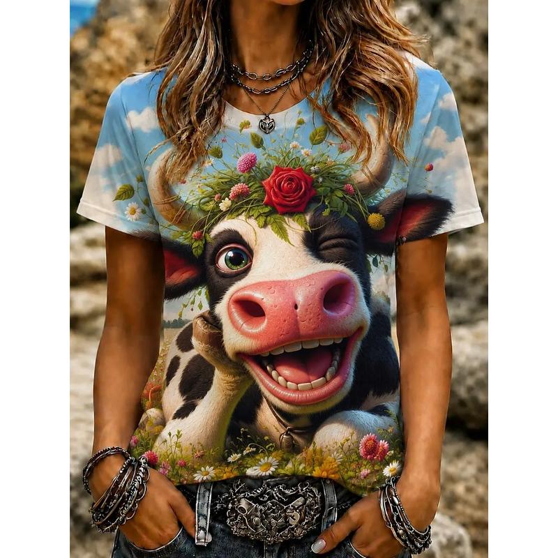 Lustiges Blumenkranz Kuh T-Shirt für Damen Kleidung 3D Lustiges Tier Sommer T-Shirts, Western Cottagecore Damen Oberteile Geschenk