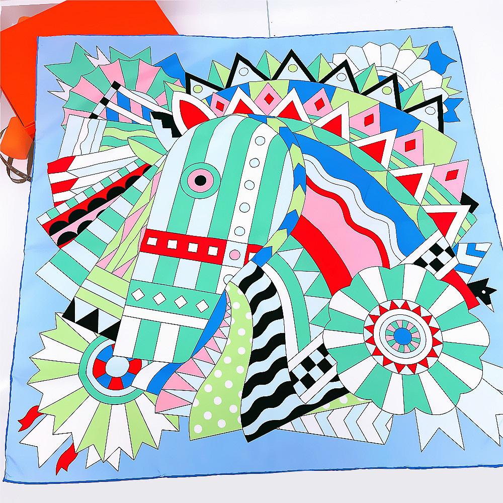 New Handmade curled silk feeling scarf women 90cm Horse twill silk square scarf Retro printing silk scarf shawl Headband