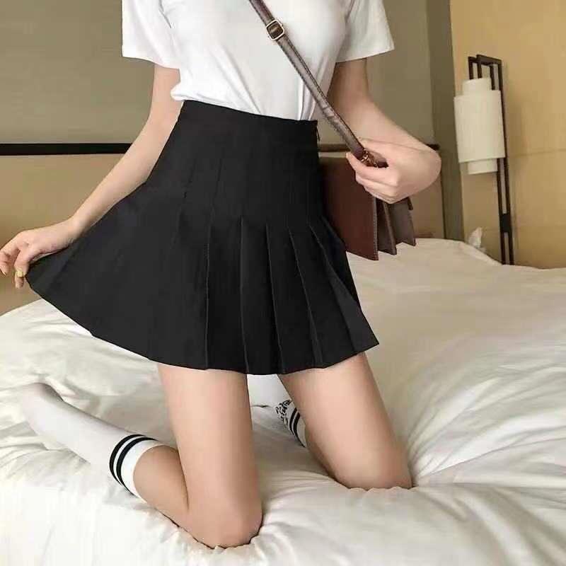 Women's High Waist Pleated Mini Skirt Preppy Style Solid Color Short Skirt With Safety Shorts