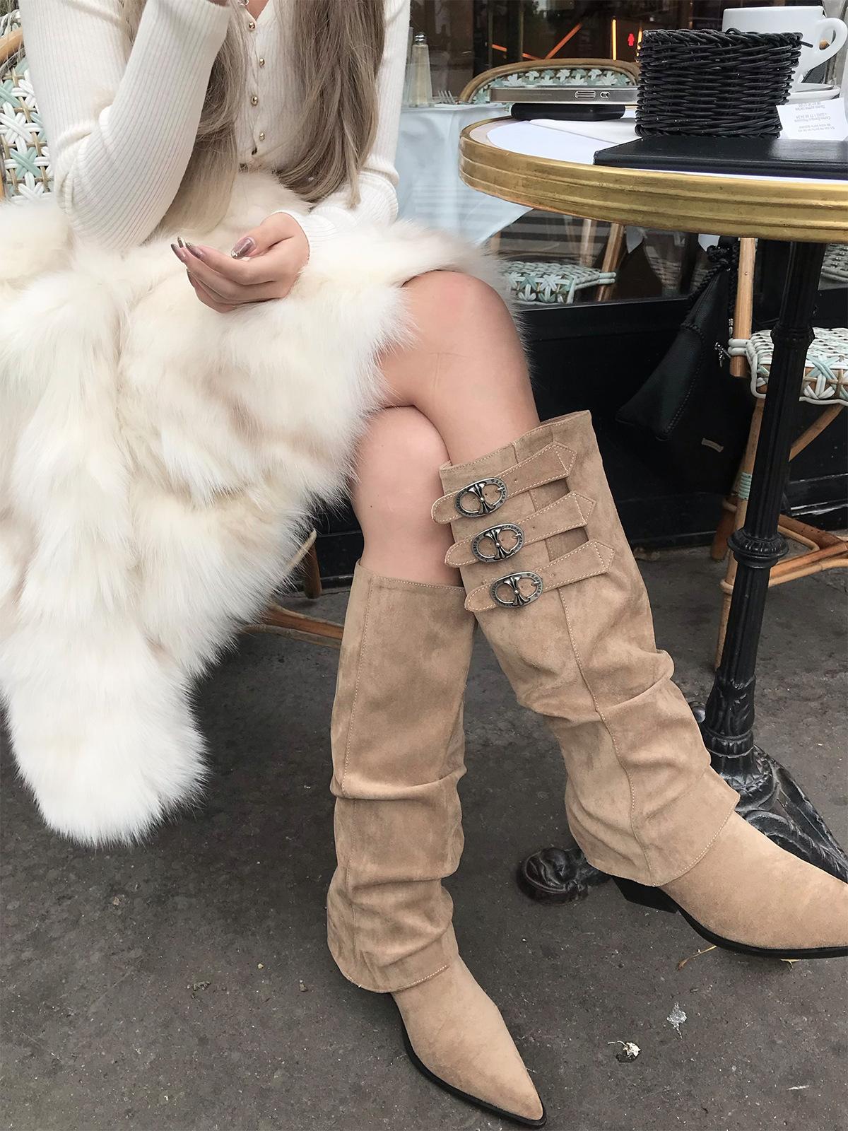 

Cowhide version~ genuine leather removable two-wear boots female pointed knight boots punk wind pile western cowboy boots 40