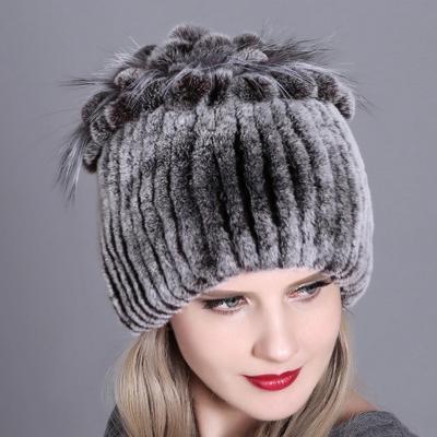 Women Real Rex Rabbit Fur Hats With Fur Flower Trims Natural Rabbit Fur Caps