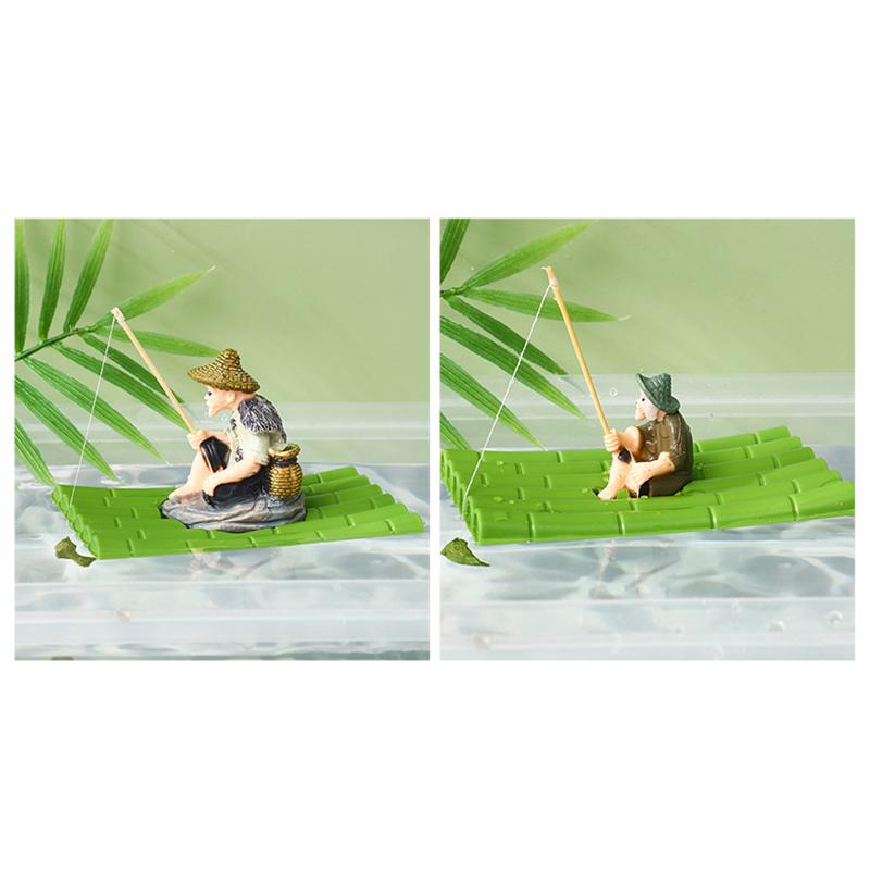 Floating Aquarium Decor Miniature Garden Decor Old Man Fishing Floating Raft Design Fish Tank Landscape Decoration