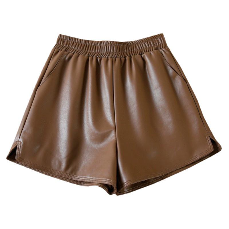 Kumikumi Design Women's PU Leather Wide-Leg Pants, High Waist, Elastic Waist, Autumn Style Slimming Shorts.