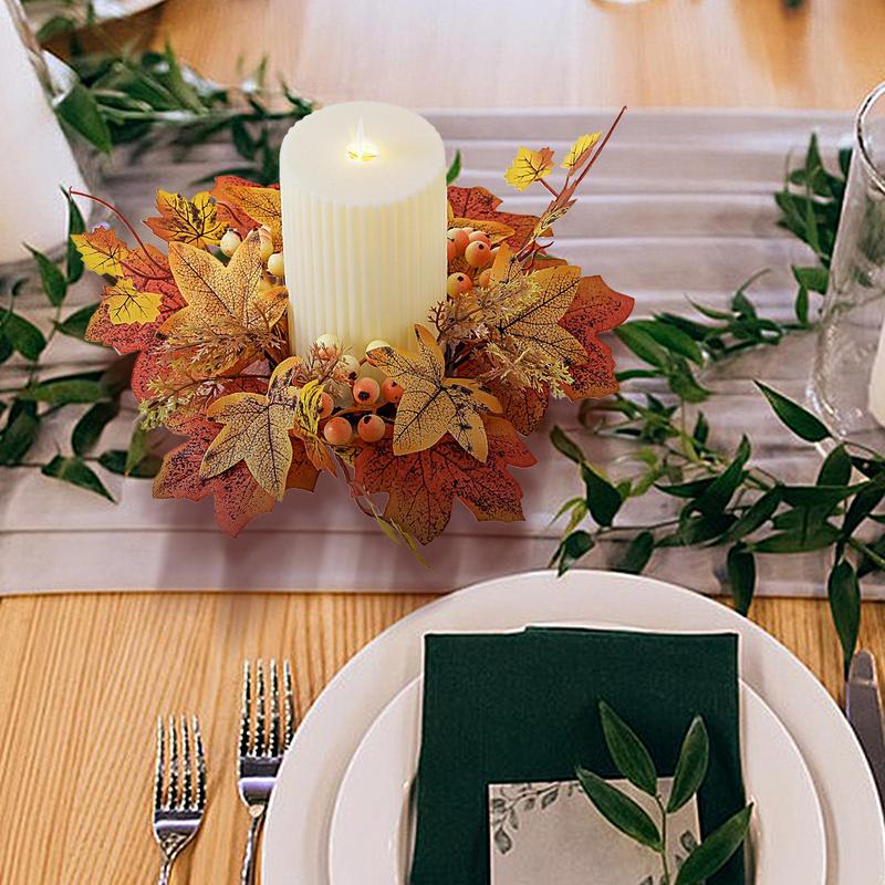 Fall Candle Ring Artificial Maple Leaves Wreath Ring Mini Autumn Wreath Rustic Fall Candle Holders for Bar Home Lit Wreath
