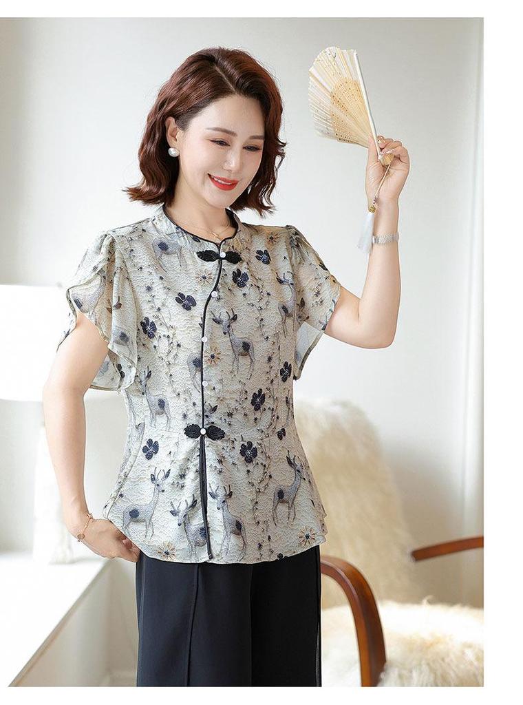 Elegant Summer Dress Set: Stylish Two-Piece with Short-Sleeved Shirt for Mid-Aged Women, New Chinese Style