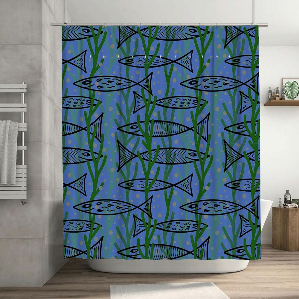 Colorful Fish Design Shower Curtain Blue Green Black Patterned Fabric Waterproof Bathroom Decor Size 72x84 Inches