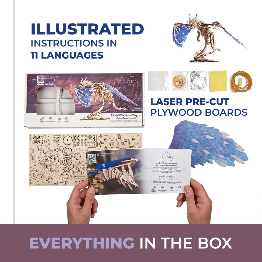 Ugears Windstorm Dragon Wooden Puzzle, No Glue or Tools Required, 3D Puzzle with Assembly Instructions