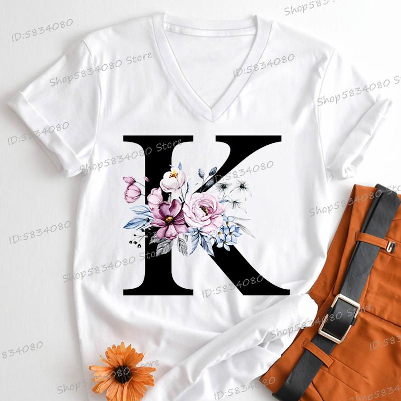 Vintage Flower Alphabet Womens Clothing Letter M Floral Monogram Graphic T Shirts Women AZ 26 Alphabet Gift Shirt for Women