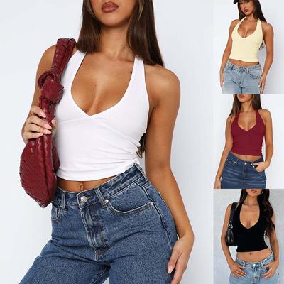 Women Sexy Halter V Neck Slim Fit Backless Cami Tank Top