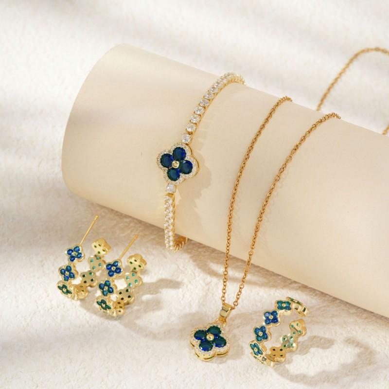 Elegant Floral Clover Jewelry Set Women Earrings Necklace Bracelet Ring In Chic Style Copper Plated