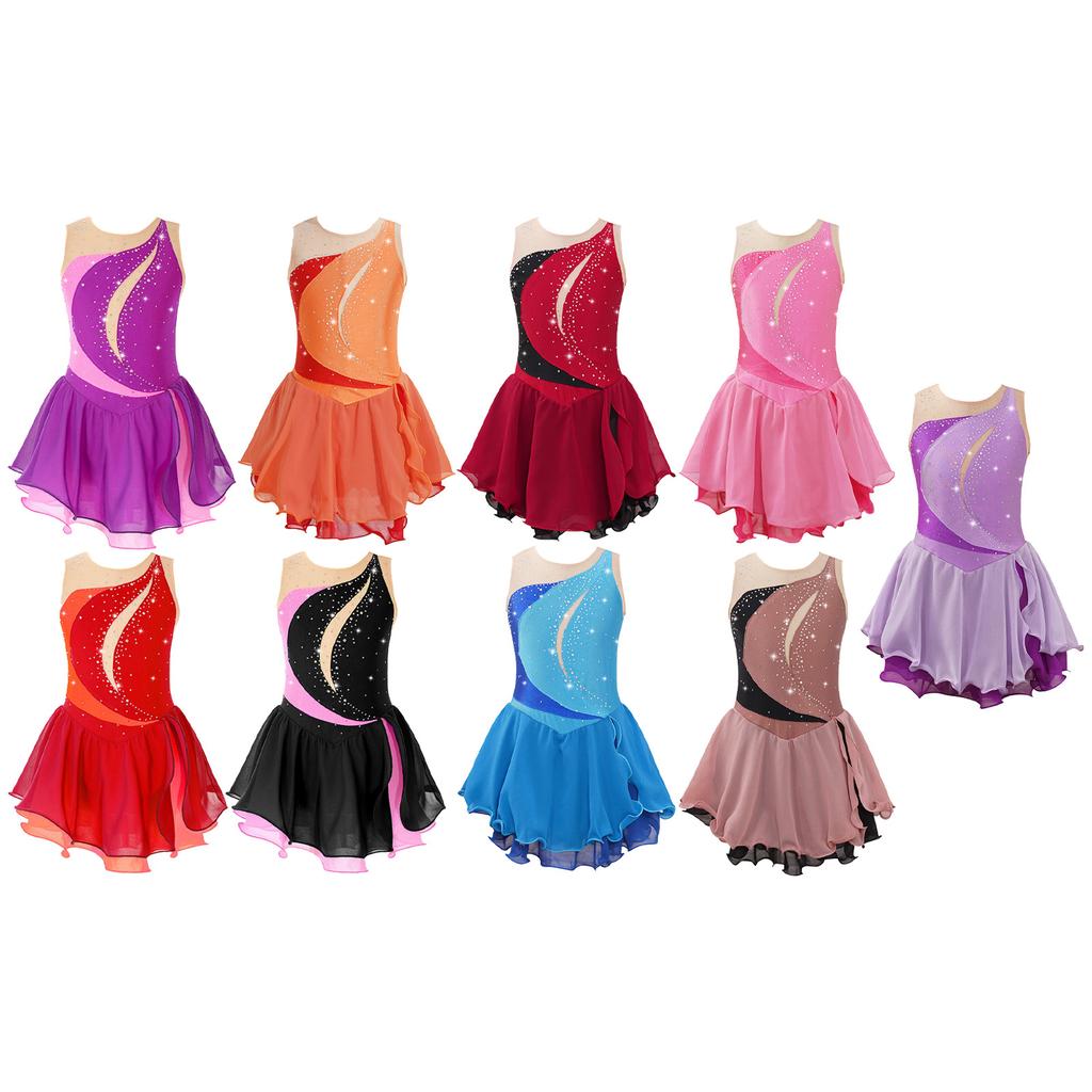 Figure Ice Skating Dress for Girls Sleeveless Glitter Rhinestone Chiffon Patchwork Ballet Dress Gymnastics Leotard Dancewear