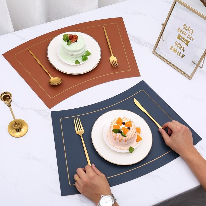 Fan Shaped Round Table Dining Mat, Leather PU Table Mat, Waterproof and Heat-insulating Mat, Hotel Western Dual Color Tableware Mat