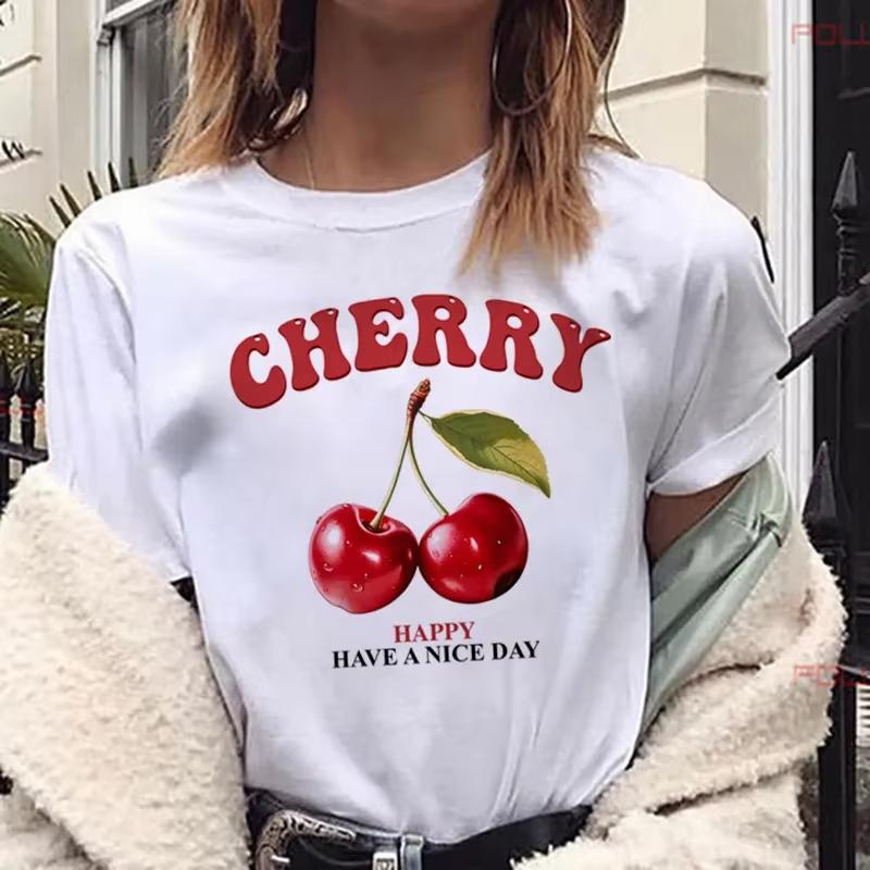 Womens Cherry Print TShirt Crew Neck Short Sleeve Casual Top Regular Length Knit Fabric Fruit Vegetable Tees Y2k Top