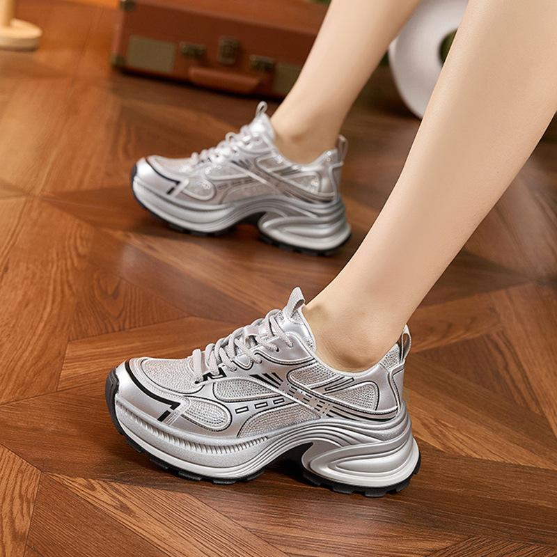 Silver Platform Dad Shoes Women's 2025 Spring New Height Increase Not Tired Feet Advanced Sense Casual Running Sports Shoes
