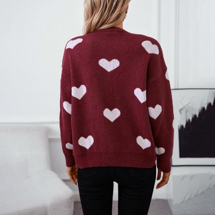 Loose Knitwear V Neck Cardigan Long Sleeve Sweater Top Autumn Winter Vintage Print