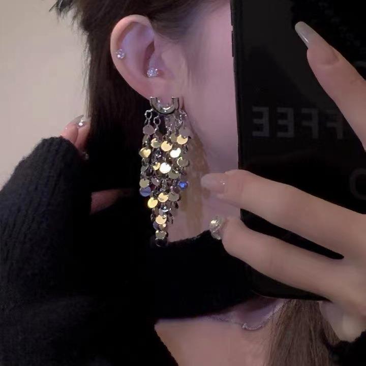 Silver Needle Sequin Tassel Earrings: Chic Cold Style, High-End Design, Fashionable Dangle for a Sophisticated Look.
