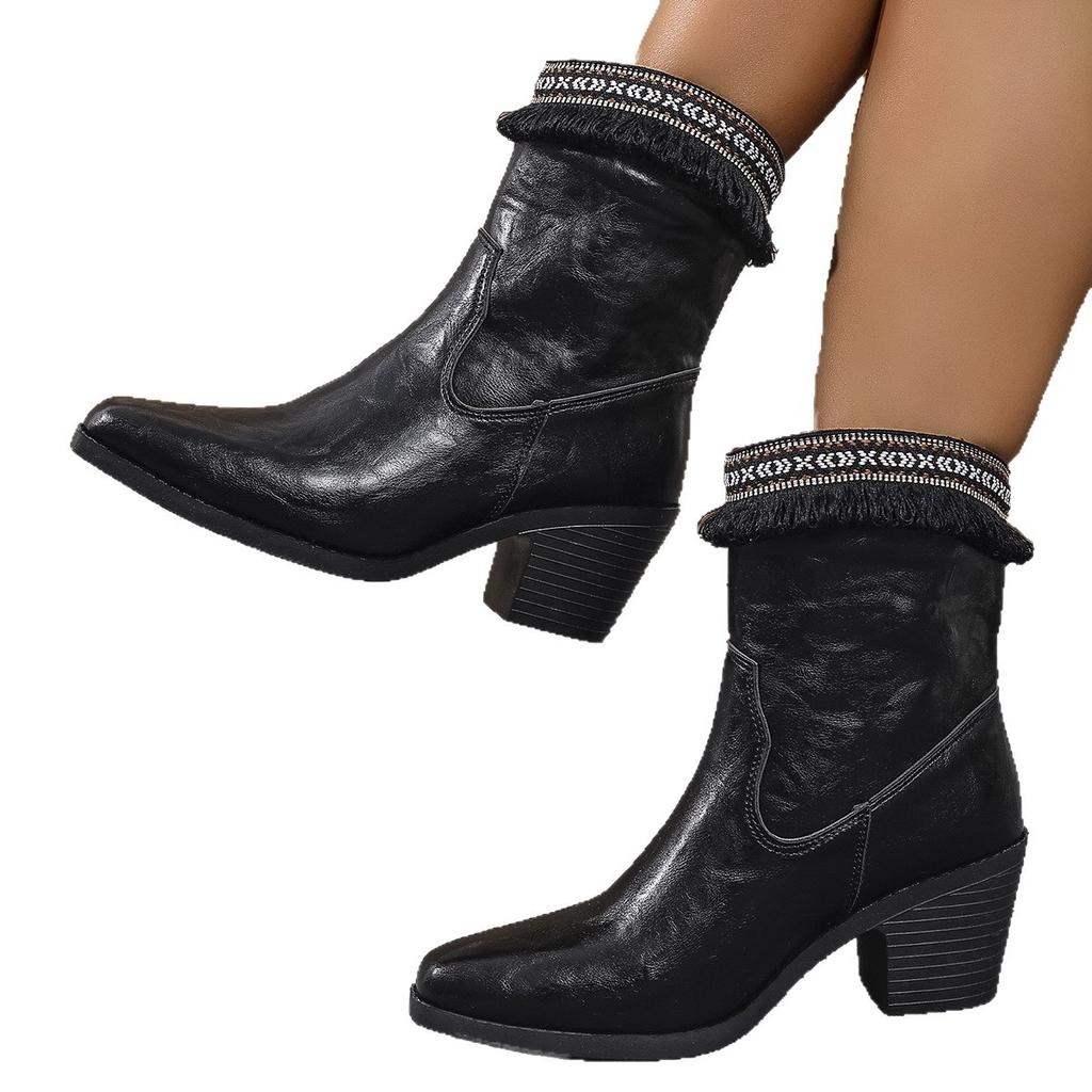 2025 new foreign trade large size leather boots European and American pointed 2025 rough heel tassel fashion medium tube fashion boots