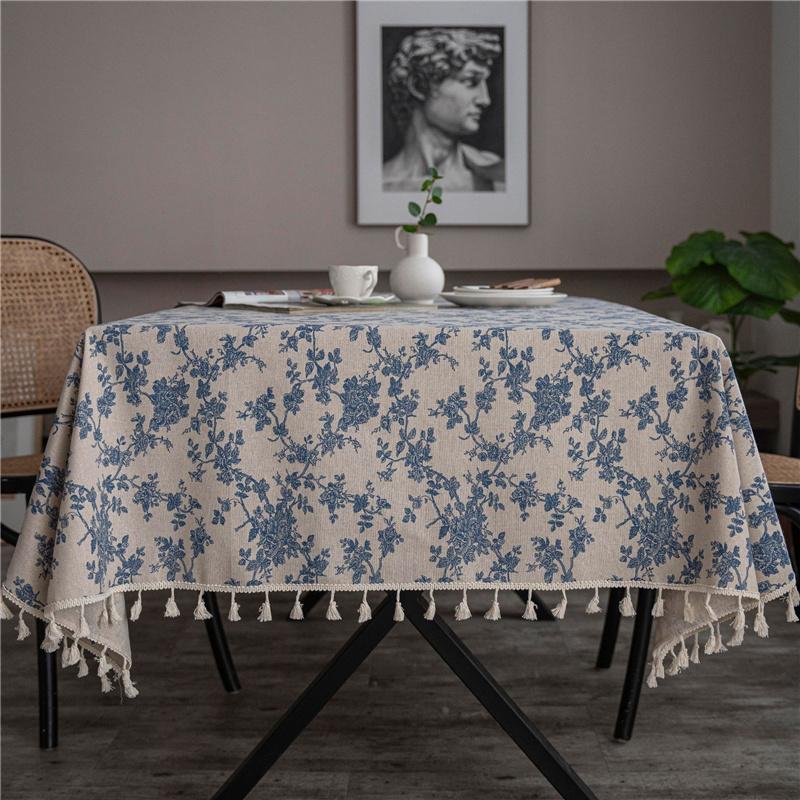 Nappe de table rectangulaire brodée en coton et lin, style vintage, simple, avec pompons, décorations