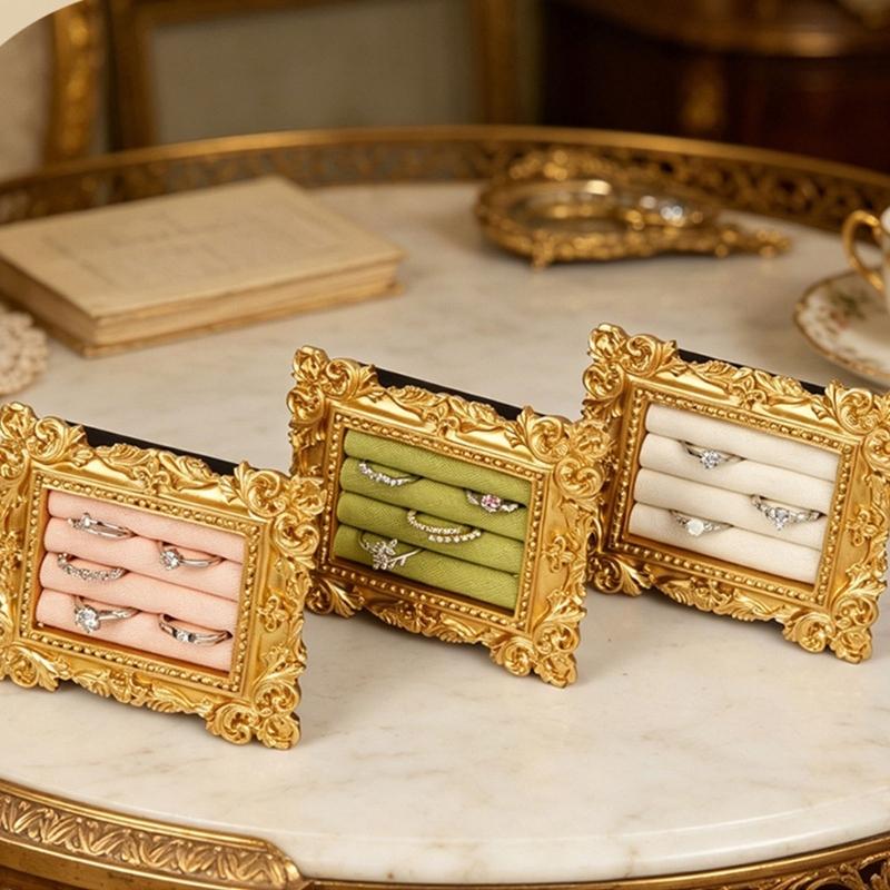 Tabletop Jewelry Display Holder with Ornate Frame, Four Ring Rows for Counter Merchandising, Vanity Storage, and Styling Use