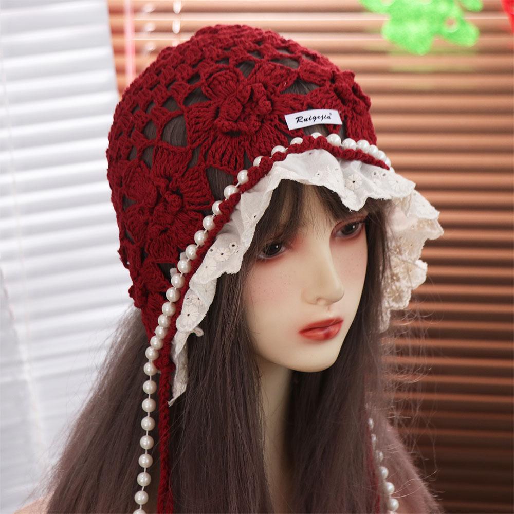 Bohemian Style Lace Beanies Hollow Out Knit Cap Casual Ethnic Style Hat  Apparel Accessories