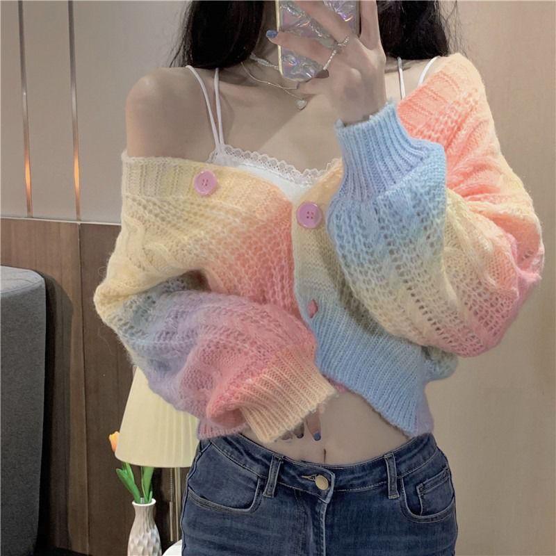 Danmo Tie Dye Panelled Cardigan Women Осенний укороченный свитер Термовязаная верхняя одежда Женская Harajuku Chic Джемперы Нежные женские топы One Size розовый