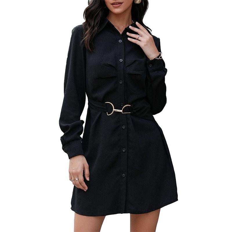 Retro Women's Solid Color Lapel Black Shirt Dress
